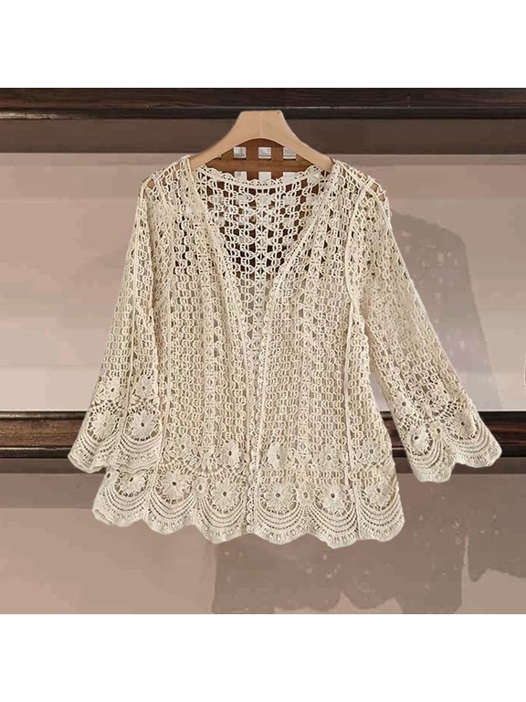 Women Eyelet Swimsuit Cover Ups Crochet Summer Knitted Open Front Cardigan Hollow Out Long Sleeve Cover Up Sweater Beach Knit Pullover