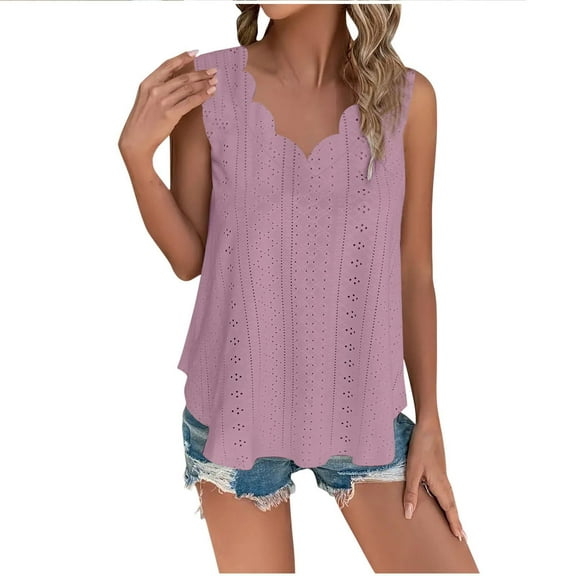 Women Eyelet Tanks Fashion Curved Neck Tops Casual Sleeveless Pullover Blouses Summer Solid Shirt