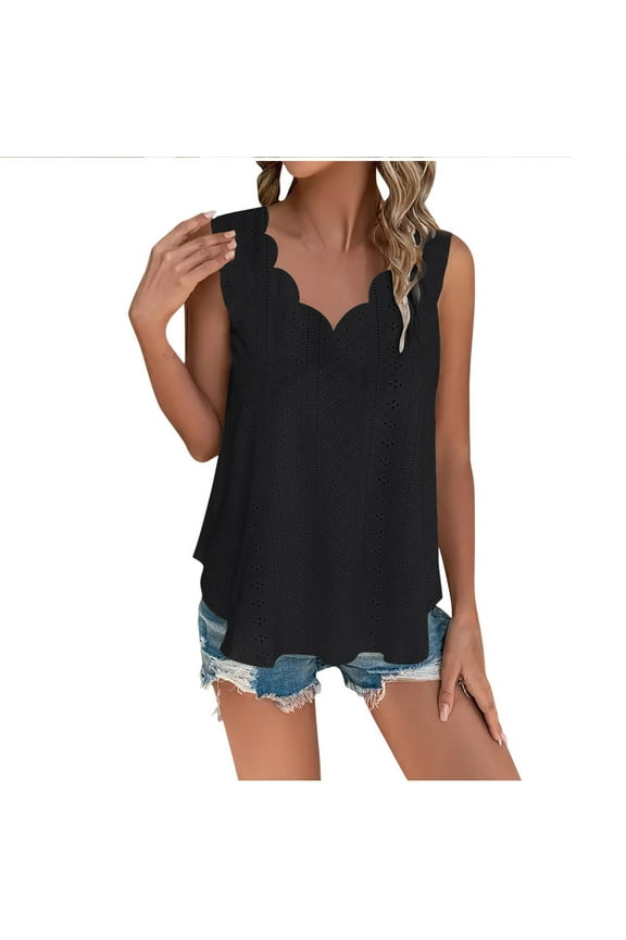 Women Eyelet Tanks Fashion Curved Neck Tops Casual Sleeveless Pullover Blouses Summer Solid Shirt