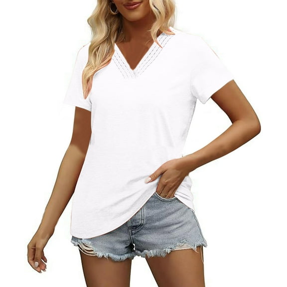 Women Eyelet Tshirts Vneck Patchwork Blouses Short Sleeve Basic Tees Tops Trendy Summer Outfits