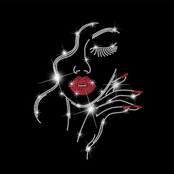 Women Face Iron on Rhinestones Transfer Red Lip Beauty Heat Transfer Stickers Iron on Decals Bling Rhinestone Patches