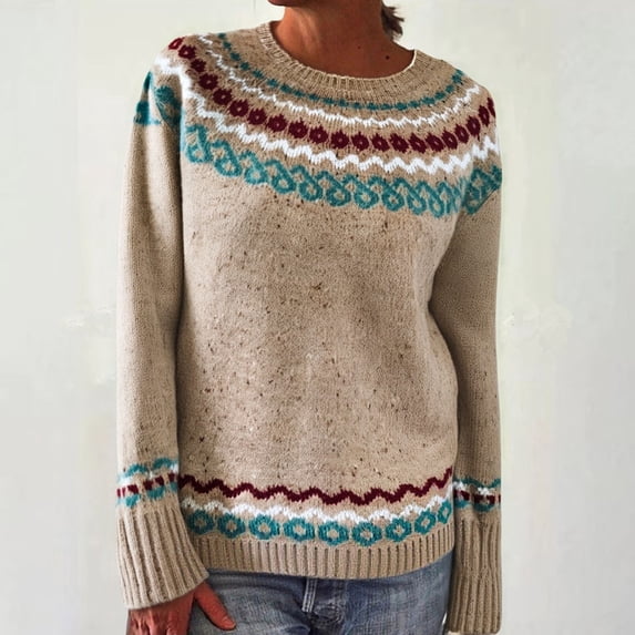 Women Fair Isle Sweater Pullover Cute Tops Knit Graphic Sweaters Casual Shirts for Women Lightweight Fall Outfits for Women Boho Tops for Women Baggy Shirts Loose Fit Jumper Top,Khaki,4XL
