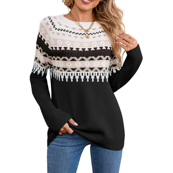 Women FairIsle Sweater Casual Vintage Crew Neck Knitted Sweater Cute Graphic Fall Fashion Pullover Jumper Tops Black XL