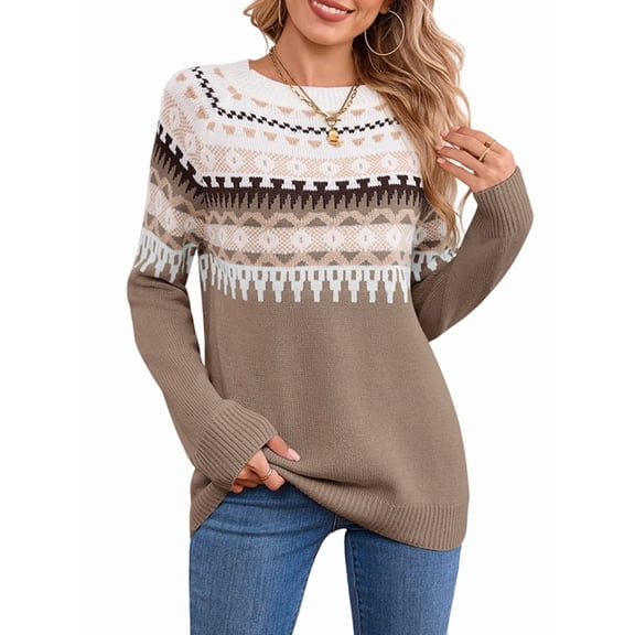 Women FairIsle Sweater Casual Vintage Crew Neck Knitted Sweater Cute Graphic Fall Fashion Pullover Jumper Tops Khaki S