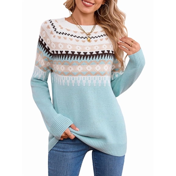 Women FairIsle Sweater Casual Vintage Crew Neck Knitted Sweater Cute Graphic Fall Pullover Jumper Tops M