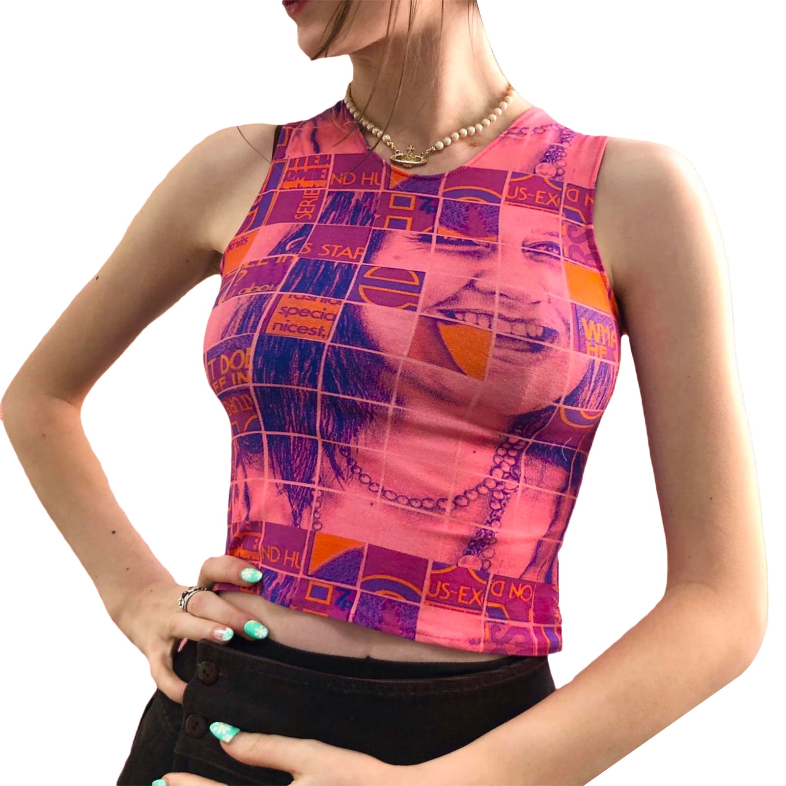 LisenraIn Women Print Tank Top Vintage Graphic Cami Tops 2000s Sleeveless  Slim Vest Crop Top Streetwear