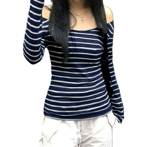 Women Fairy Grunge Off Shoulder Tops Y2k Slim Striped Long Sleeve T-Shirt Aesthetic Harajuku Clothes