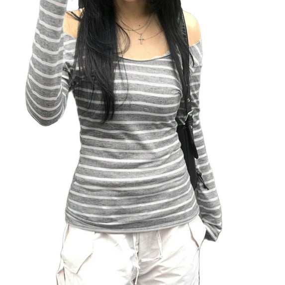 Women Fairy Grunge Off Shoulder Tops Y2k Slim Striped Long Sleeve T-Shirt Aesthetic Harajuku Clothes