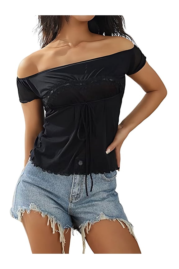 Women Fairy Grunge Y2k Shirts See Through Square Neck Lace Patchwork Tops Vintage Goth Aesthetic Clothing Black S