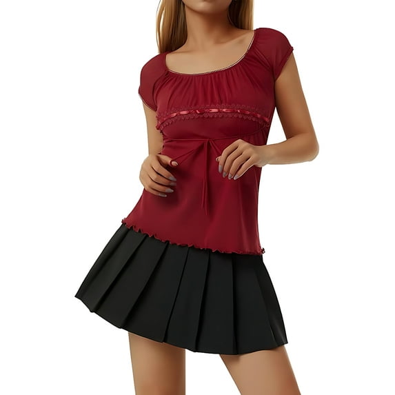 Women Fairy Grunge Y2k Shirts See Through Square Neck Lace Patchwork Tops Vintage Goth Aesthetic Clothing Red M