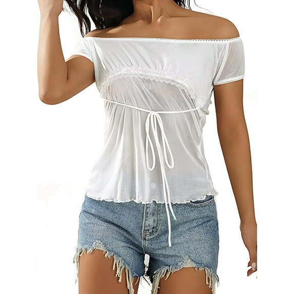 Women Fairy Grunge Y2k Shirts See Through Square Neck Lace Patchwork Tops Vintage Goth Aesthetic Clothing White L