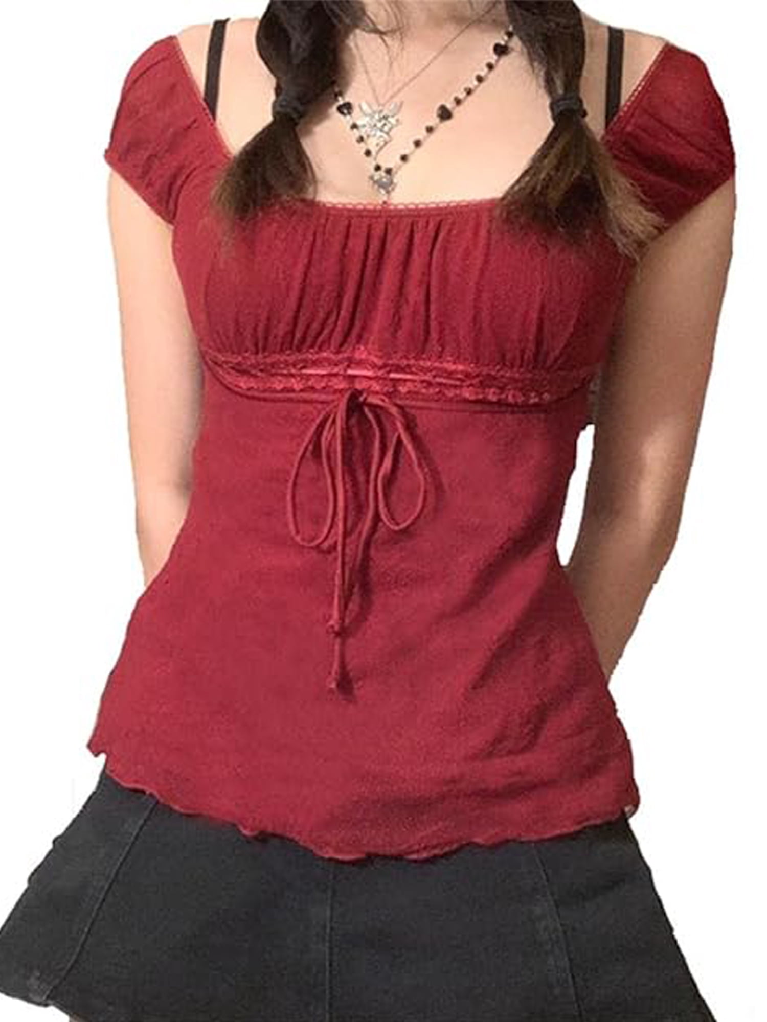 Women Fairy Grunge Y2k Shirts See Through Square Neck Lace Patchwork Tops Vintage Goth Aesthetic Clothing