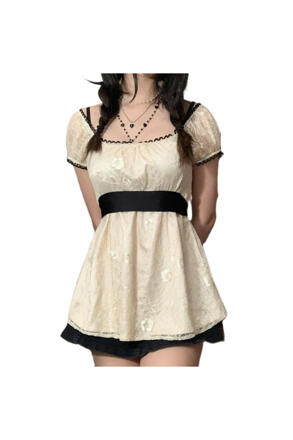 Women Fairy Grunge Y2k Shirts V Neck Solid Color Patchwork Tops Vintage Goth Aesthetic Clothing