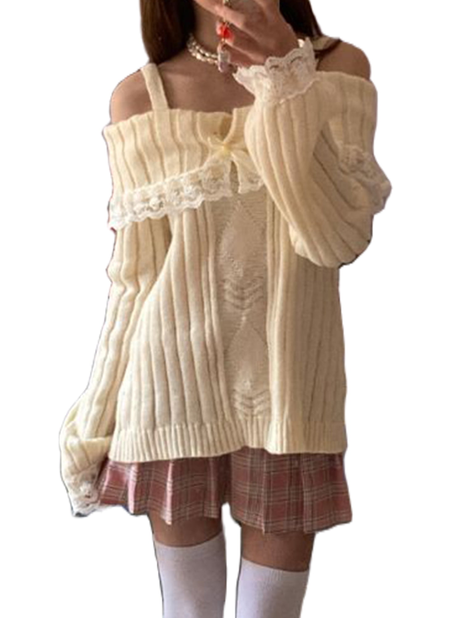 Women Fairy Off Shoulder Lace Trim Sweater Y2k Kawaii Long Women Fairy Off Shoulder Lace Trim Sweater Y2k Kawaii Long