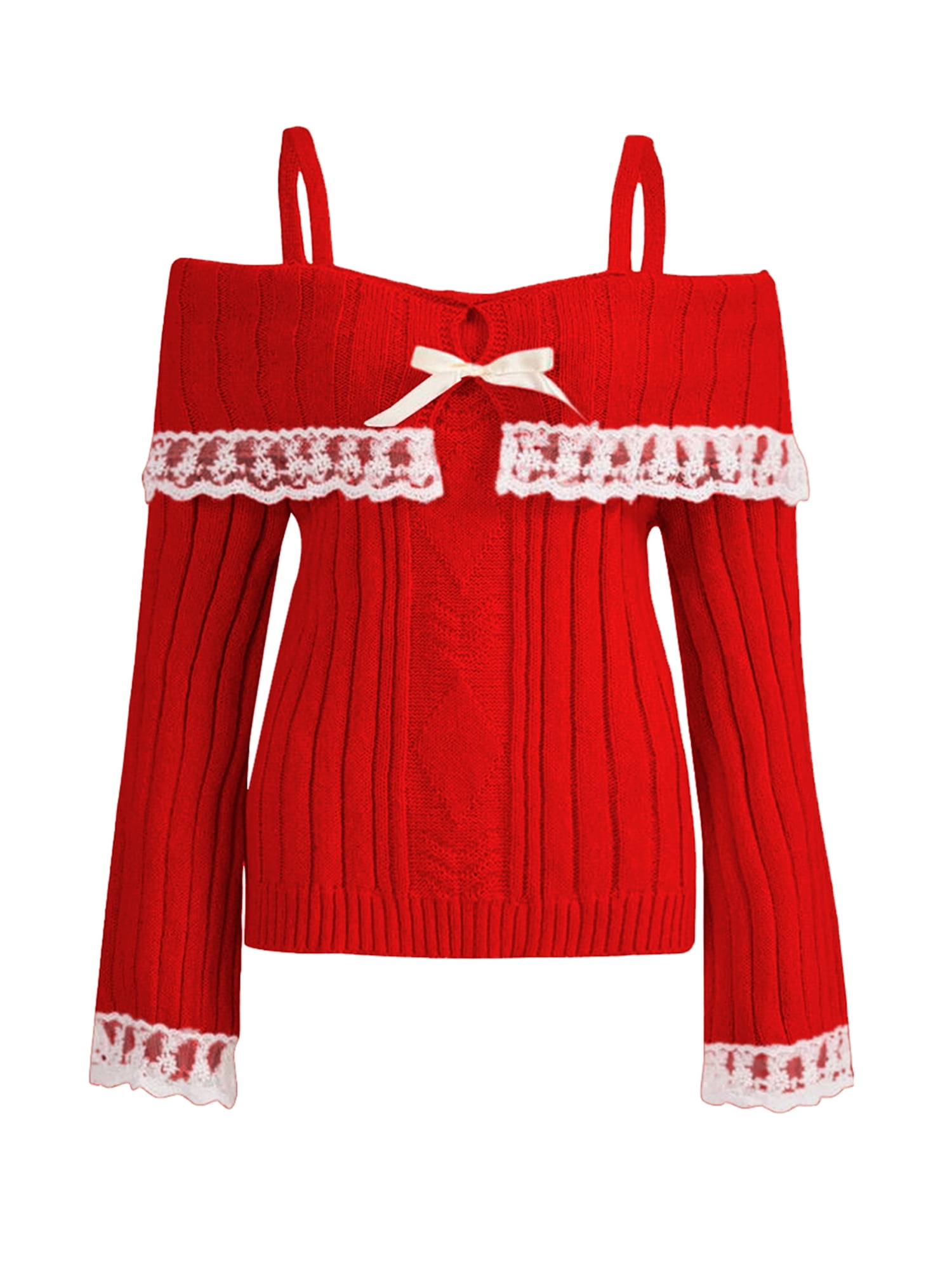 Women Y2K Bow Knit Sweater,Cute Bow Crew Neck Long Sleeve