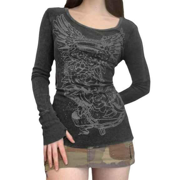 Women Fairy Vintage Graphic T-Shirts Harajuku Long Sleeve Crop Top Aesthetic?Retro Goth Tees Streetwear