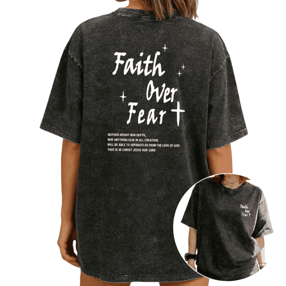 Women Faith Over Fear Graphic Tees Round Neck Printed Washed Cotton T Shirt Black S-2XL Plus Size