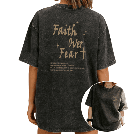 Women Faith Over Fear Graphic Tees T Shirt Tops Round Neck Printed Washed Cotton T Shirt Black S-2XL Plus Size