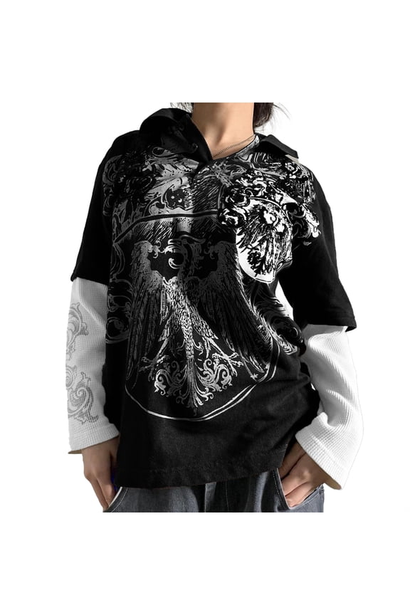 Women Fake Two-Pieces Loose T-Shirts Gothic Print Turn-Down Collar Buttons Long Sleeve Shirts Fall Tops Streetwear