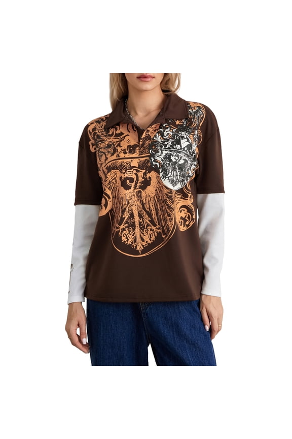 Women Fake Two-Pieces Loose T-Shirts Gothic Print Turn-Down Collar Buttons Long Sleeve Shirts Fall Tops Streetwear