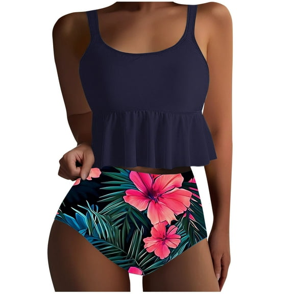 Women Falbala Bikini Set Floral Print High Waisted Swimsuit 2 Piece Ruffle Tummy Control Peplum Tankini Bathing Suit Black 3XL