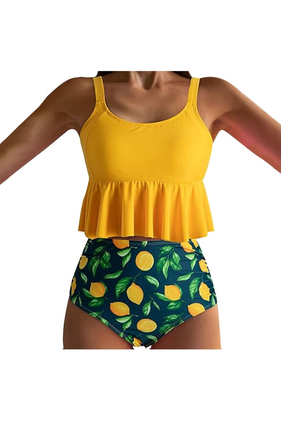 Women Falbala Bikini Set Floral Print High Waisted Swimsuit 2 Piece Ruffle Tummy Control Peplum Tankini Bathing Suit Gold XL