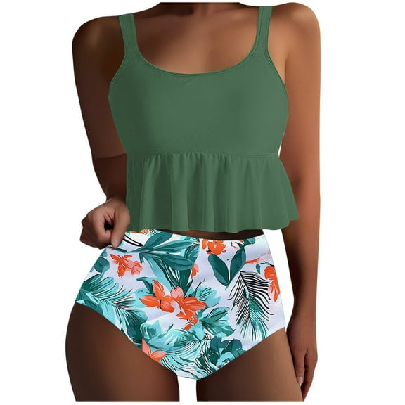 Women Falbala Bikini Set Floral Print High Waisted Swimsuit 2 Piece Ruffle Tummy Control Peplum Tankini Bathing Suit Light Green 3XL