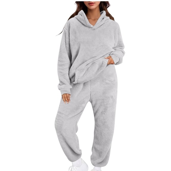 Women Fall 2 Piece Lounge Outfit Solid Color Crew Neck Long Sleeved Trousers and Tight-Waist Hoodie Suit Plus Size Tracksuit Casual Outfit Gray S-5XL