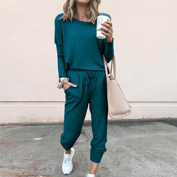 Women Fall 2 Piece Loungewear Outfit Long Sleeve Tops High Waisted Jogger Pants Set Travel Clothes Tracksuit New 2 Piece Sets for Women Fall Casual Navy XXL