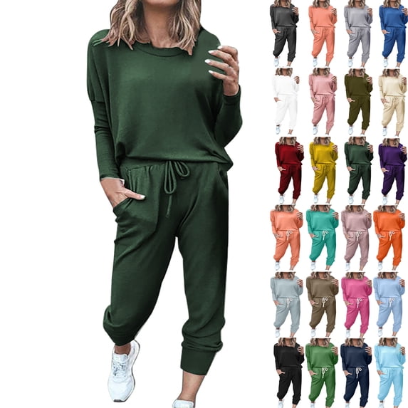 Women Fall 2 Piece Loungewear Outfits Crew Neck Long Sleeve Pullover Jogger Pants Set Soft Comfortable Daily Streetwear Outfit Green Long Sleeve Pullover Outfits XL