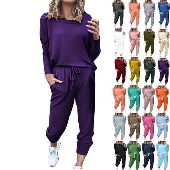 Women Fall 2 Piece Loungewear Outfits Crew Neck Long Sleeve Pullover Jogger Pants Set Soft Comfortable Daily Streetwear Outfit Purple M