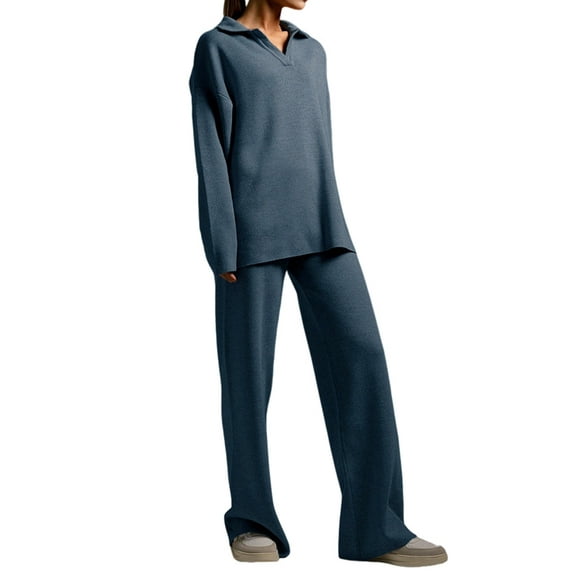 Women Fall 2 Piece Outfits Sweatsuits V-Neck Long Sleeve Sweatshirt Wide Leg Pants Tracksuit Lounge Sets Blue S