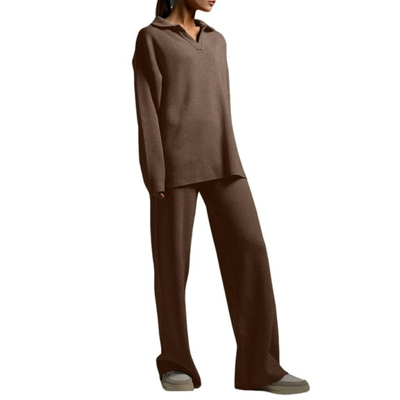 Women Fall 2 Piece Outfits Sweatsuits V-Neck Long Sleeve Sweatshirt Wide Leg Pants Tracksuit Lounge Sets Brown L