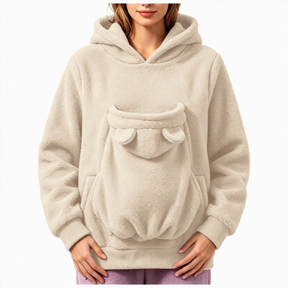 Women Fall And Winter Casual Solid Color Pet O Neck Pocket Sweatshirt Funny Pullover With Half Zipper Purr Pup Pet Pocket Hoodie