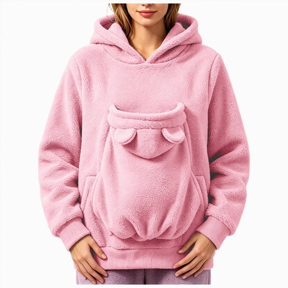 Women Fall And Winter Casual Solid Color Pet O Neck Pocket Sweatshirt Funny Pullover With Half Zipper Purr Pup Pet Pocket Hoodie