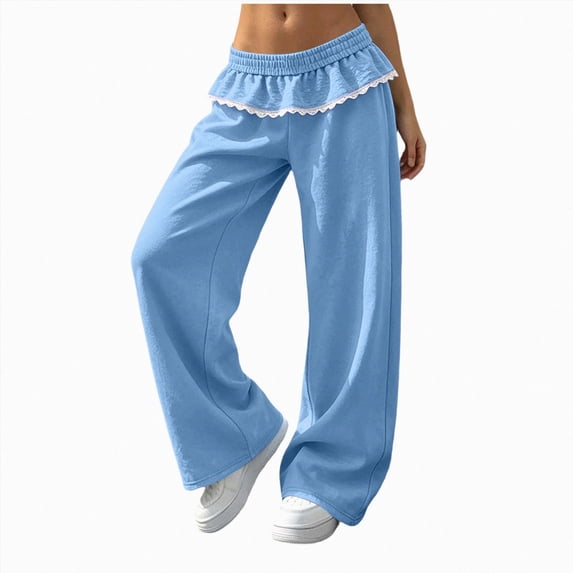 Women Fall And Winter Lace Trimmed Loose Casual Pants Solid Color Pocket Pants Sporty Gym Athletic Fit Jogger Pants M Sky Blue Womens Cargo