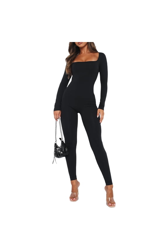 Women Fall Bodycon Jumpsuits Solid Color Square Neck Long Sleeve Long Rompers Fashion Skinny Playsuits Streetwear