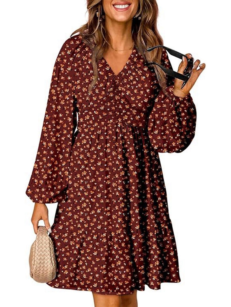 Women Fall Boho Floral V Neck Long Sleeve Smocked Elastic Waist Casual ...