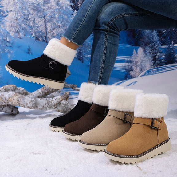 Women Fall Boots Round Toe Thickened Velvet Solid Color Boots Casual Fall Winter Comfortable Thick Soled Belt Buckle Side Zipper Short Boots