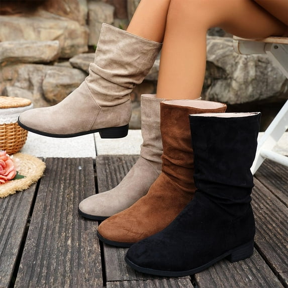 Women Fall Boots Round Toe Thickened Velvet Solid Color Boots Casual Versatile Breathable Fall Winter Comfortable Thick-Soled Warm Snow Boots