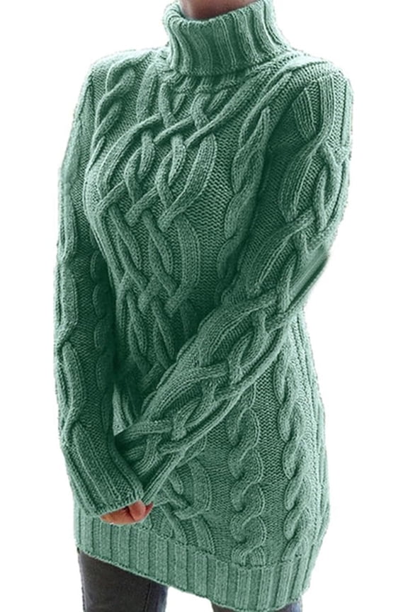 Women Fall Cable Knit Chunky Long Sleeve Oversized Turtleneck Pullover Short Sweater Dresses