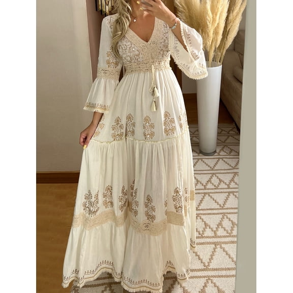 Women Fall Casual Long Dress Floral Print Lace V-Neck Long Sleeve Dress Fashion Holiday Maxi Dress Elegant Classics Versatility