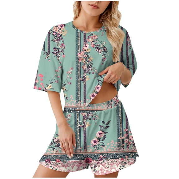 Women Fall Clothes 2 Piece Outfits for Women Fall Ladies Vacation 2 Piece Outfit Printed Short Sleeve Shirt and Soft Lounge Shorts Set My Items