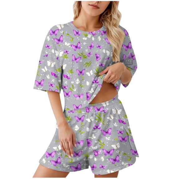 Women Fall Clothes 2 Piece Outfits for Women Womens Two Piece Printed Set Fashion Short Sleeve Top and Comfortable Casual Shorts Outfits My Items