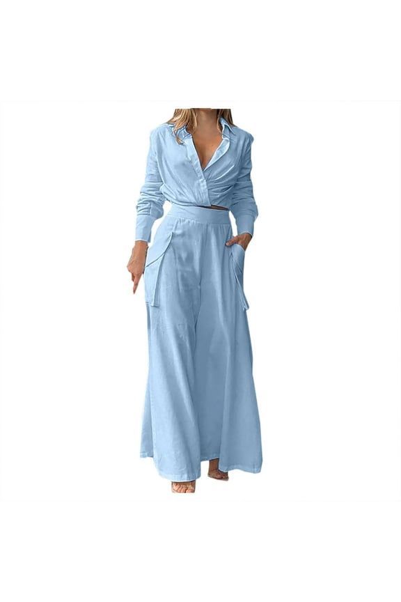 Women Fall Clothes Two Piece Outfits Long SLeeve V Neck Lapel Shirts High Waist Wide Leg Long Pants Loungewear