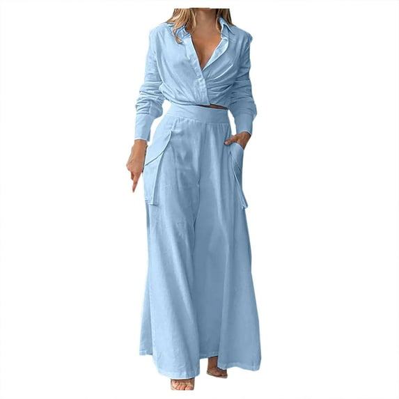 Women Fall Clothes 2025 Two Piece Outfits Long SLeeve V Neck Lapel Shirts High Waist Wide Leg Long Pants Loungewear