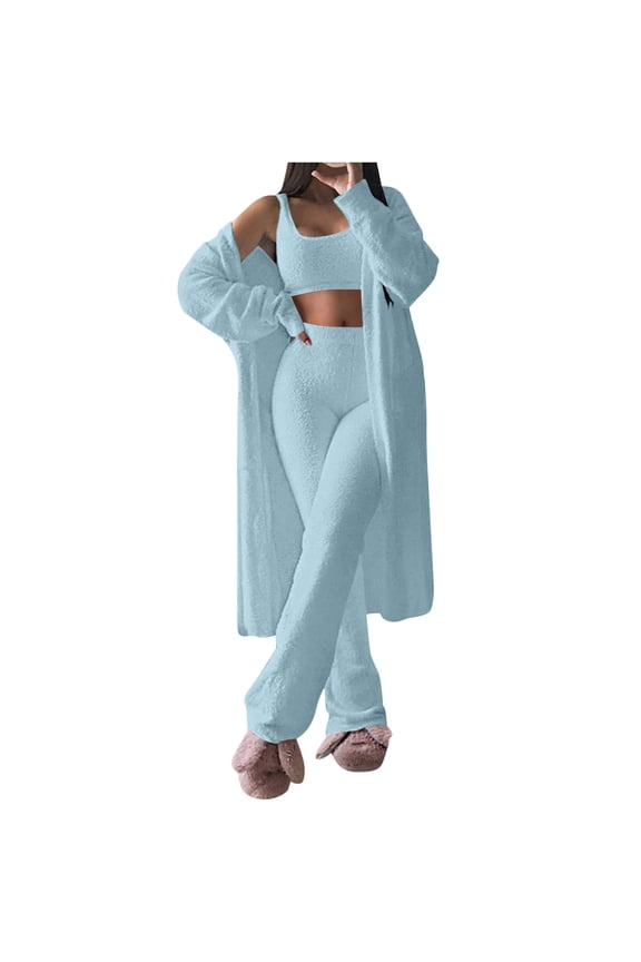 Women Fall Clothes 3 Piece Outfits for Women Pants Sets Fall Three Piece Outfit Cozy Solid Color Long Sleeve Top Loose Fit Casual Sweatpants My Items