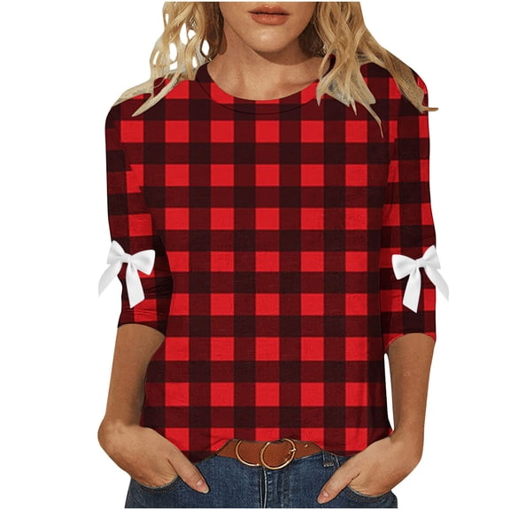 Women Fall Clothes Checkered Pattern Round Neck 3/4 Sleeve Top Tees Tshirts Fall Shirts for Classic Style My Items