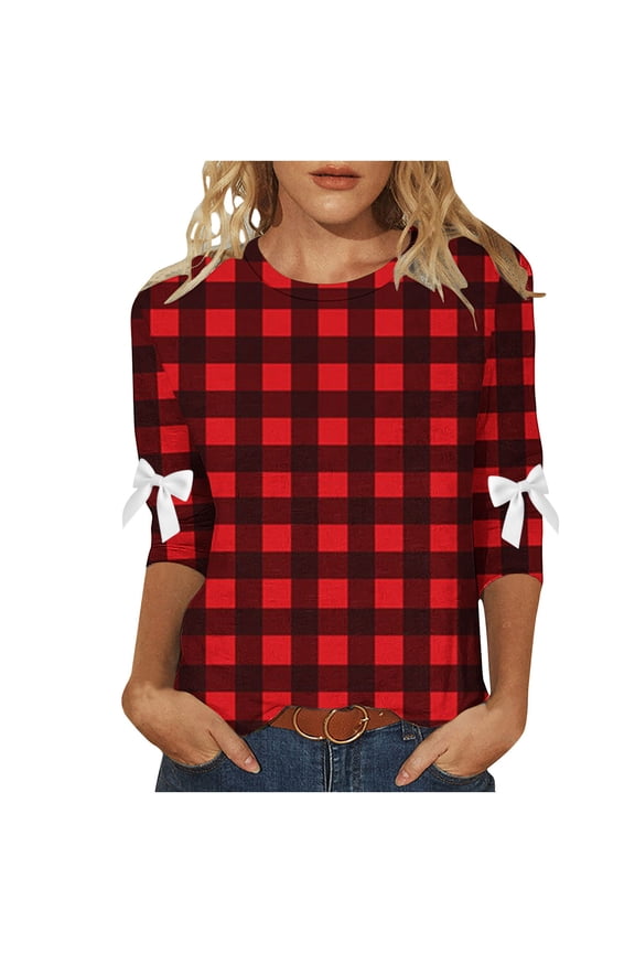 Women Fall Clothes Checkered Pattern Round Neck 3/4 Sleeve Top Tees Tshirts Fall Shirts for Classic Style My Items