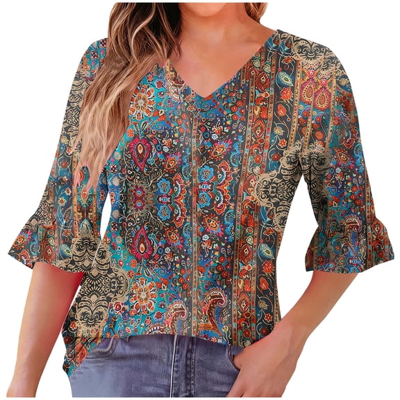 Women Fall Clothes Classic V Neck Floral Pattern 3/4 Sleeve Tees Tshirts Fall Tops Fall Fashion Must Haves My Items